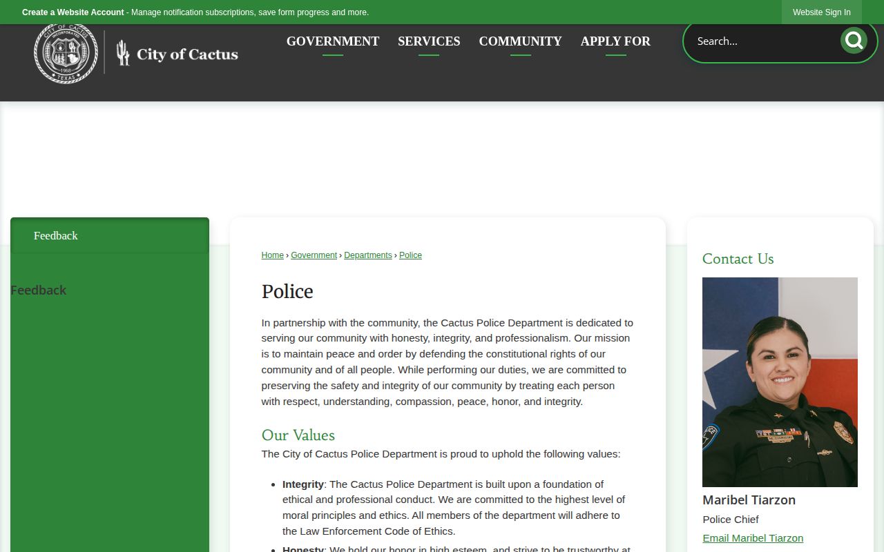 Cactus Police official contact page for Cactus arrest records