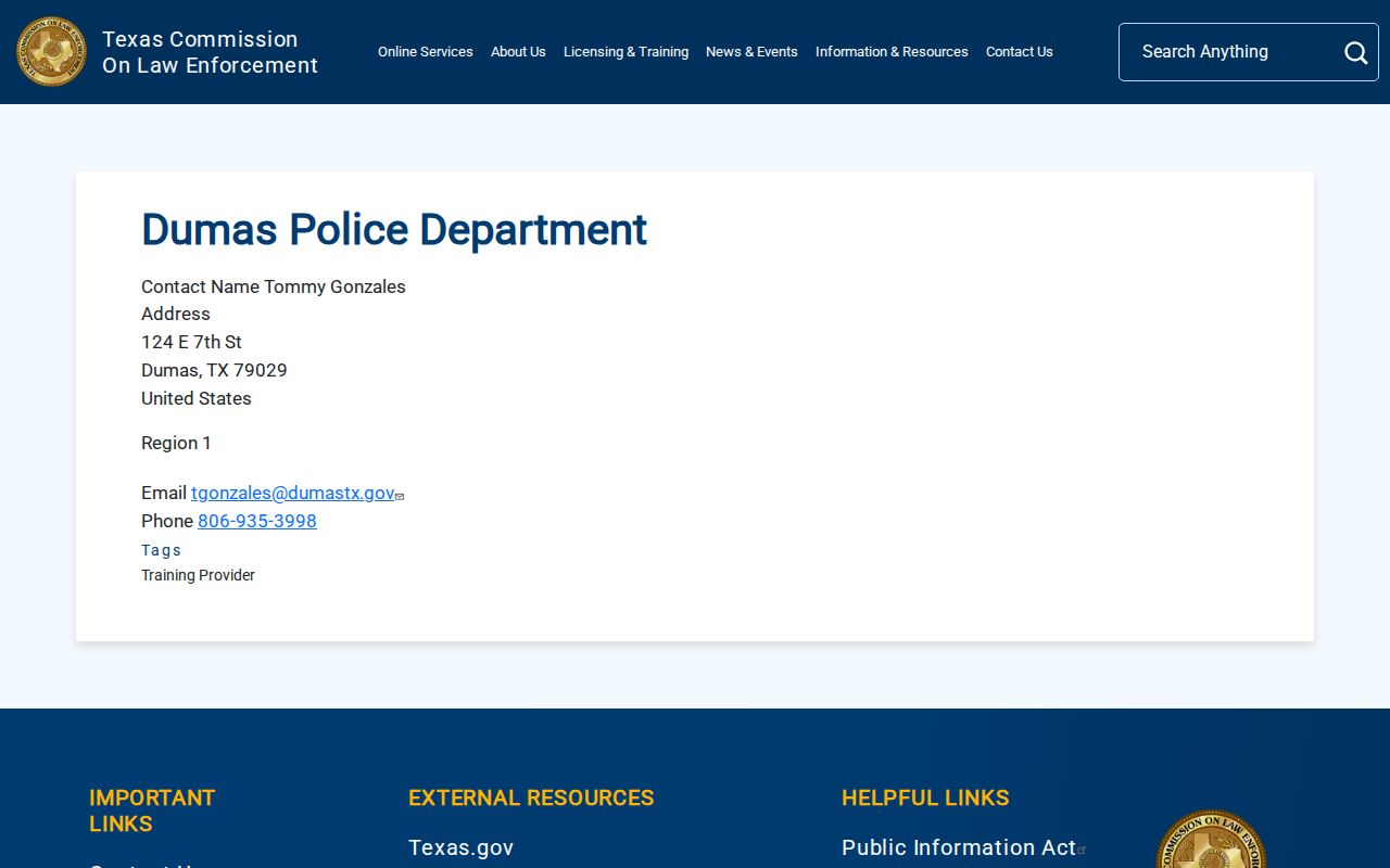 Dumas Police Department official contact record for Dumas arrest records