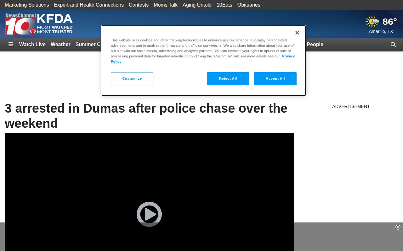 Moore County arrest record news source showing a Dumas police chase report